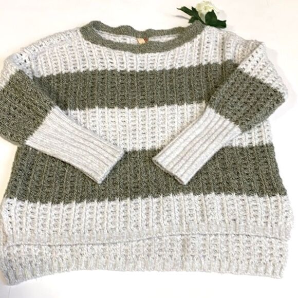 Pilcro Boxy Boat Neck Chenile‎ Oversized Chunky  Soft Cozy Sweater Green Cream M - Picture 1 of 10